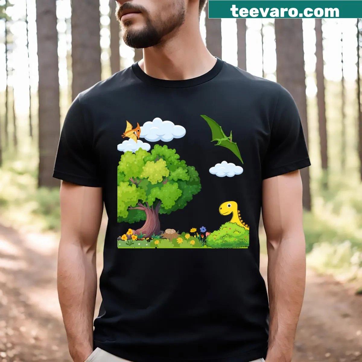 Playful yellow dinosaur illustration beneath a tree on a kids t-shirt — on a men's t-shirt