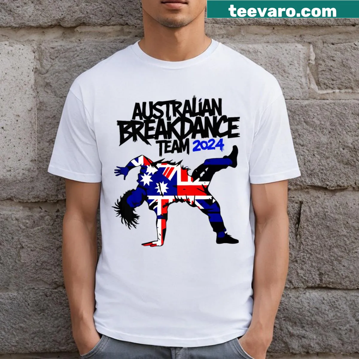 Funny breakdancing T-shirt featuring Australian team design — on a men's t-shirt