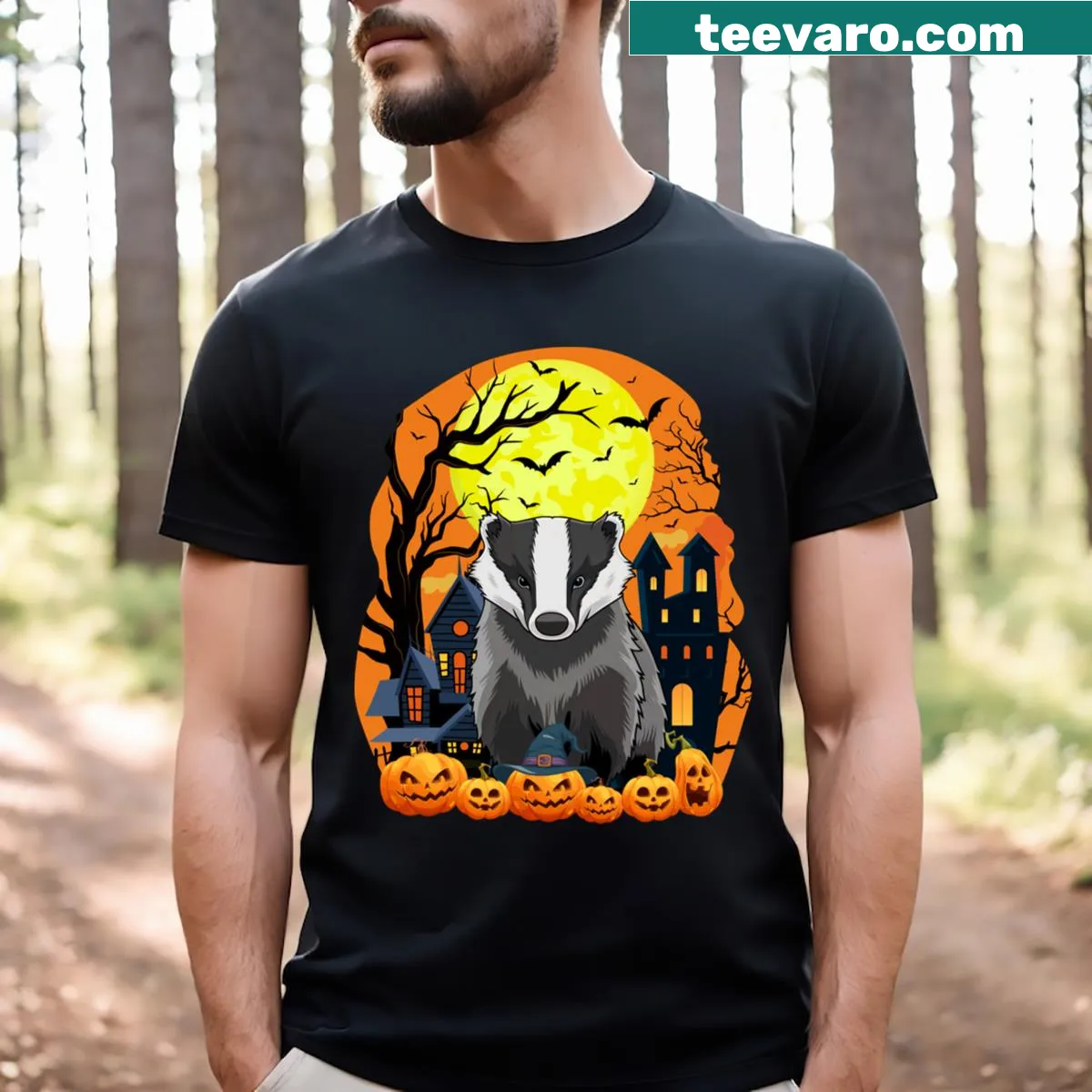 Whimsical badger illustration with pumpkins on a Halloween t-shirt — on a men's t-shirt