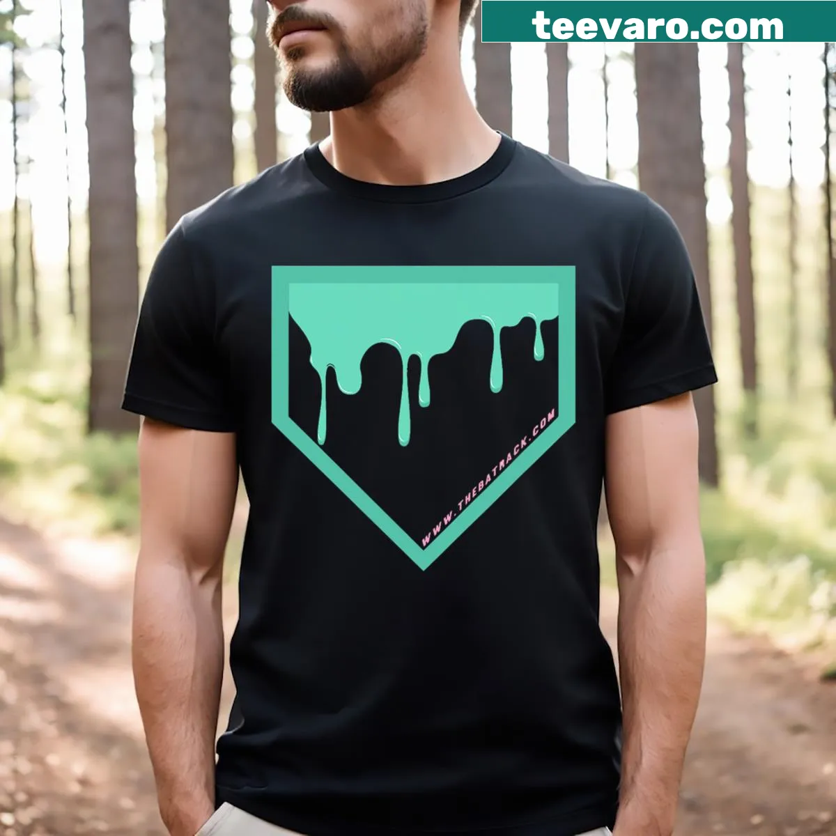 Baseball T-shirt featuring home plate with a playful drip design — on a men's t-shirt