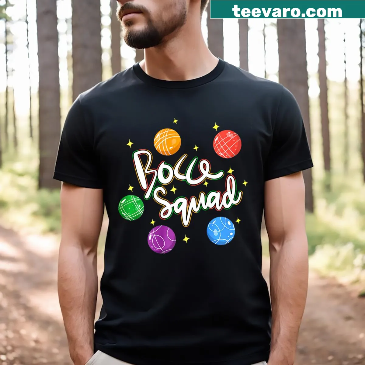 Bocce ball t-shirt featuring 'Bocce Squad' text and playful graphics — on a men's t-shirt