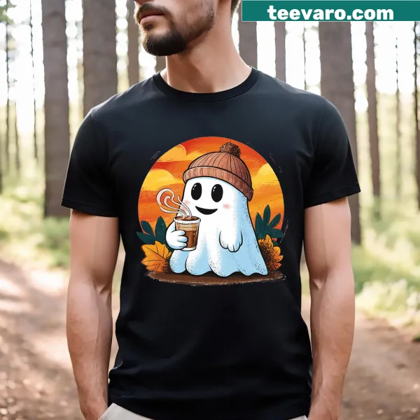 Ghost drinking coffee graphic on a Halloween t-shirt