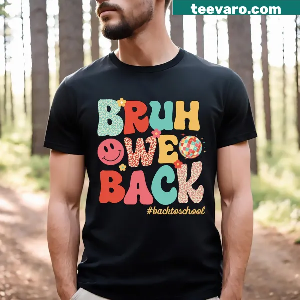 Playful t-shirt with leopard design and phrase Bruh, We Back