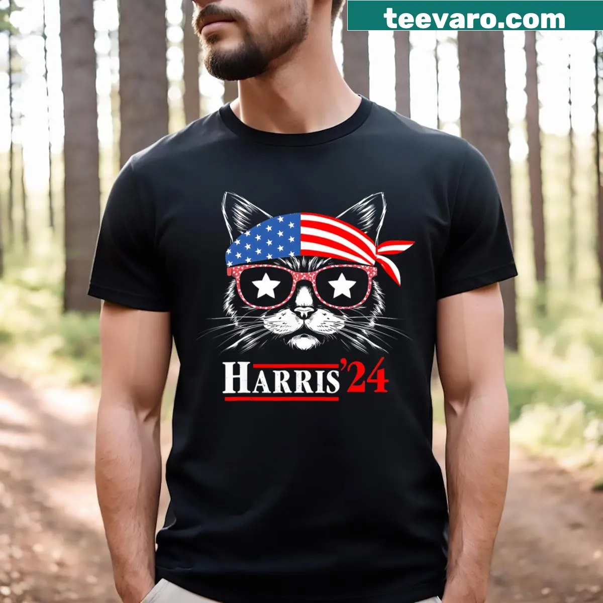 Funny T-shirt supporting Kamala Harris with cat-themed design — on a men's t-shirt
