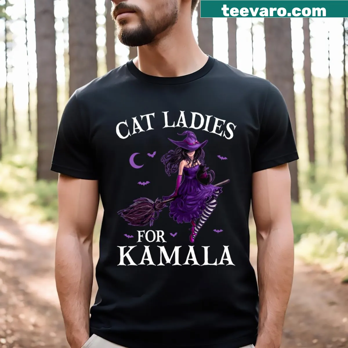 Halloween t-shirt with cat witch and political slogan — on a men's t-shirt