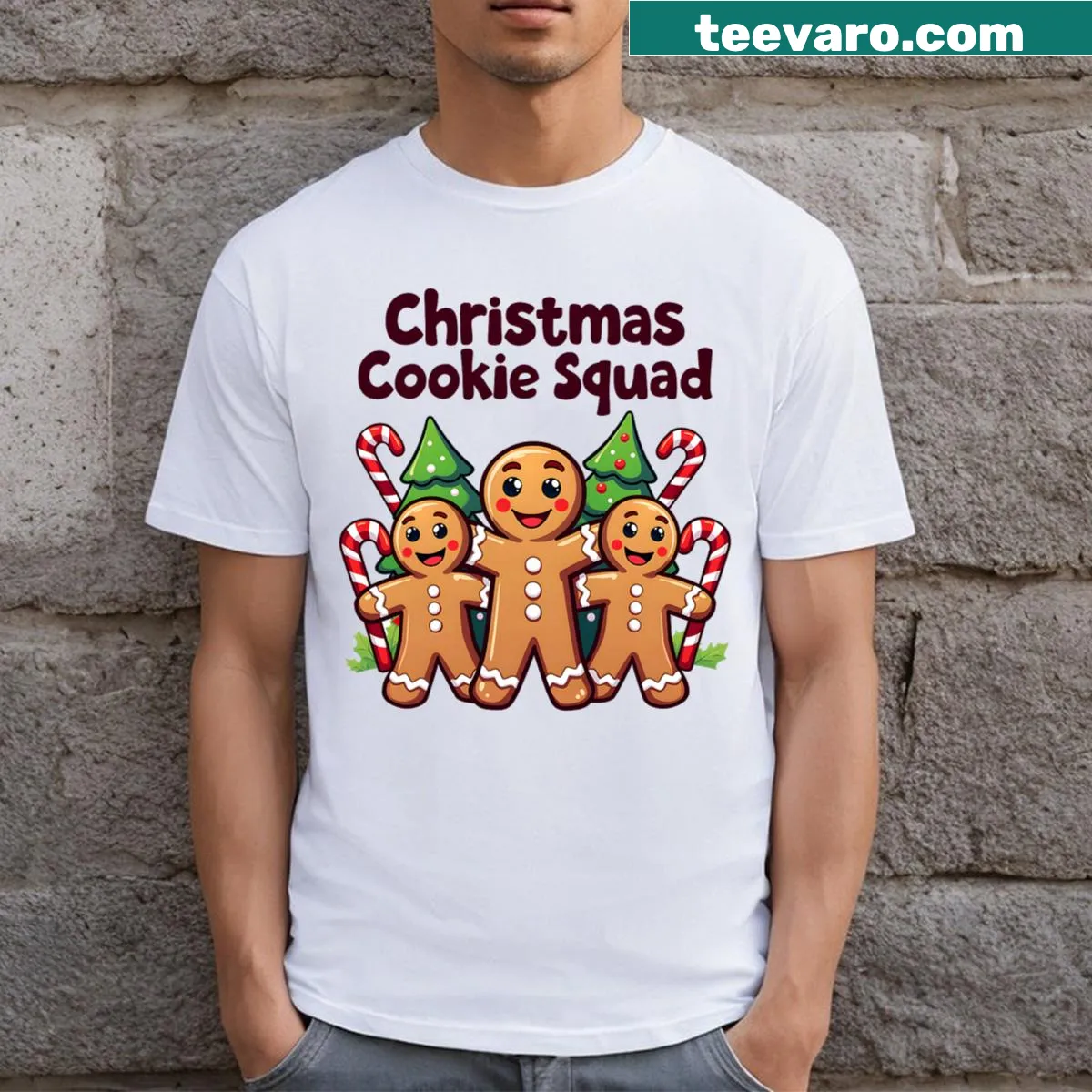 Festive gingerbread design on Christmas Cookie Squad t-shirt — on a men's t-shirt