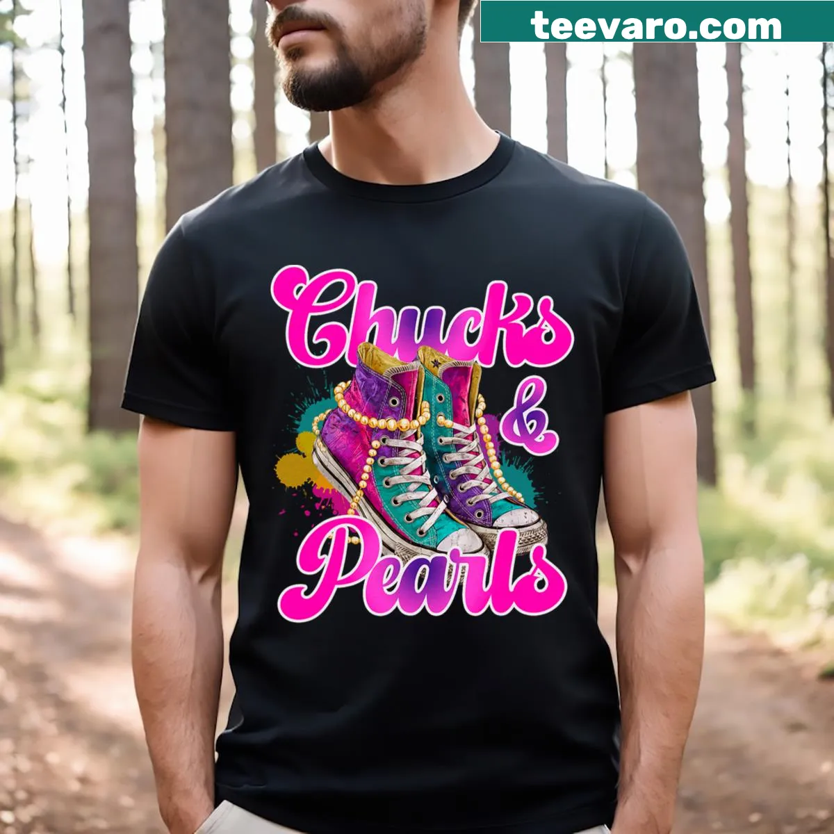 Chucks And Pearls Kamala Harris T-shirt with campaign message — on a men's t-shirt