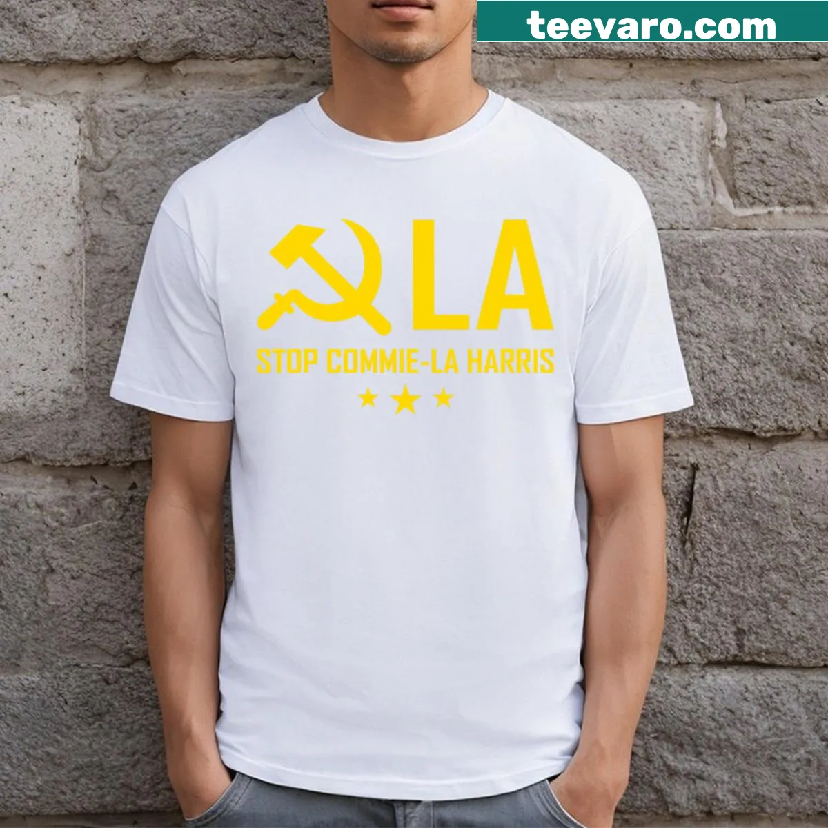 Text design featuring political phrases about Kamala Harris and Trump 2024 — on a men's t-shirt
