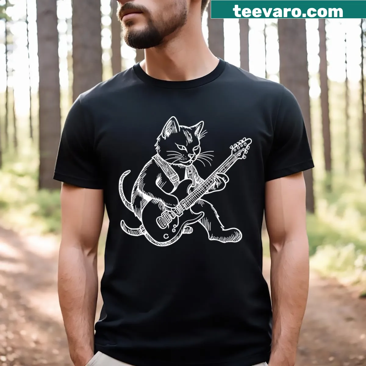 Cool Cat Plays Electric Guitar T-shirt with playful cat graphic — on a men's t-shirt