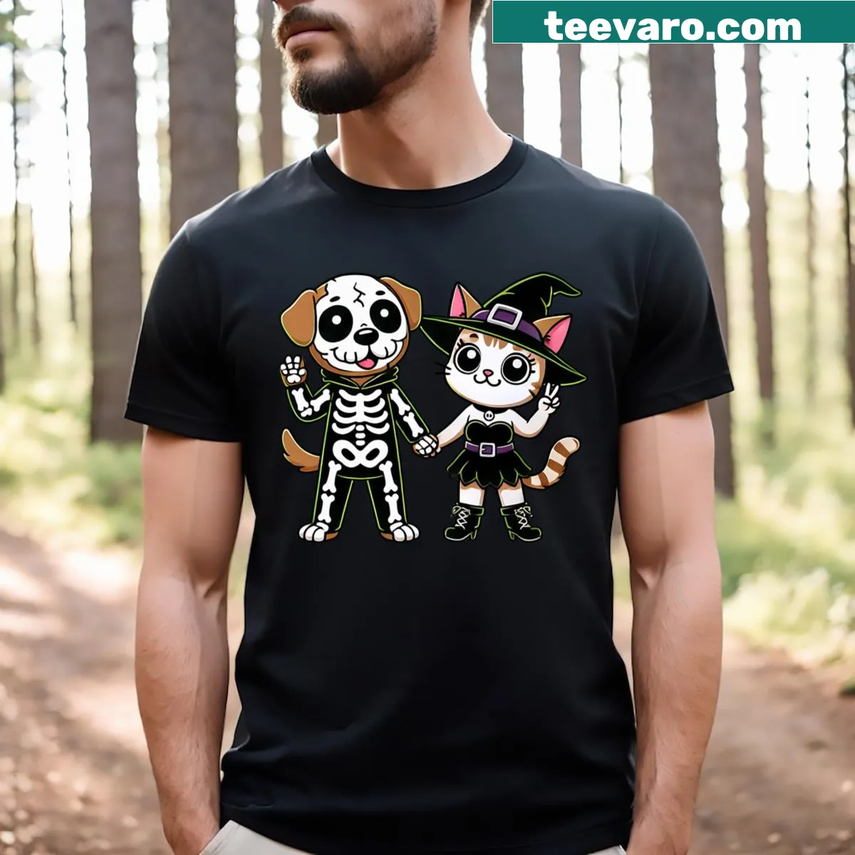 Cute Halloween t-shirt with a cat witch and dog skeleton design — on a men's t-shirt