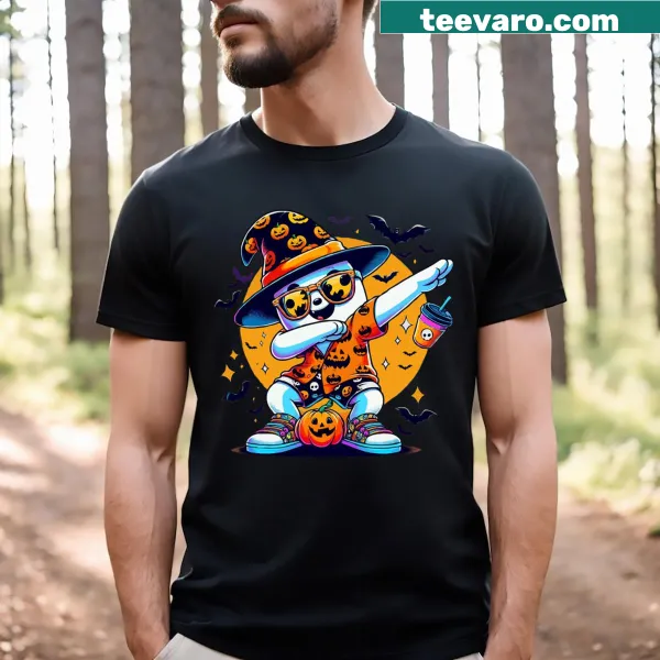 Cartoon Halloween T-shirt featuring a dabbing ghost and pumpkins