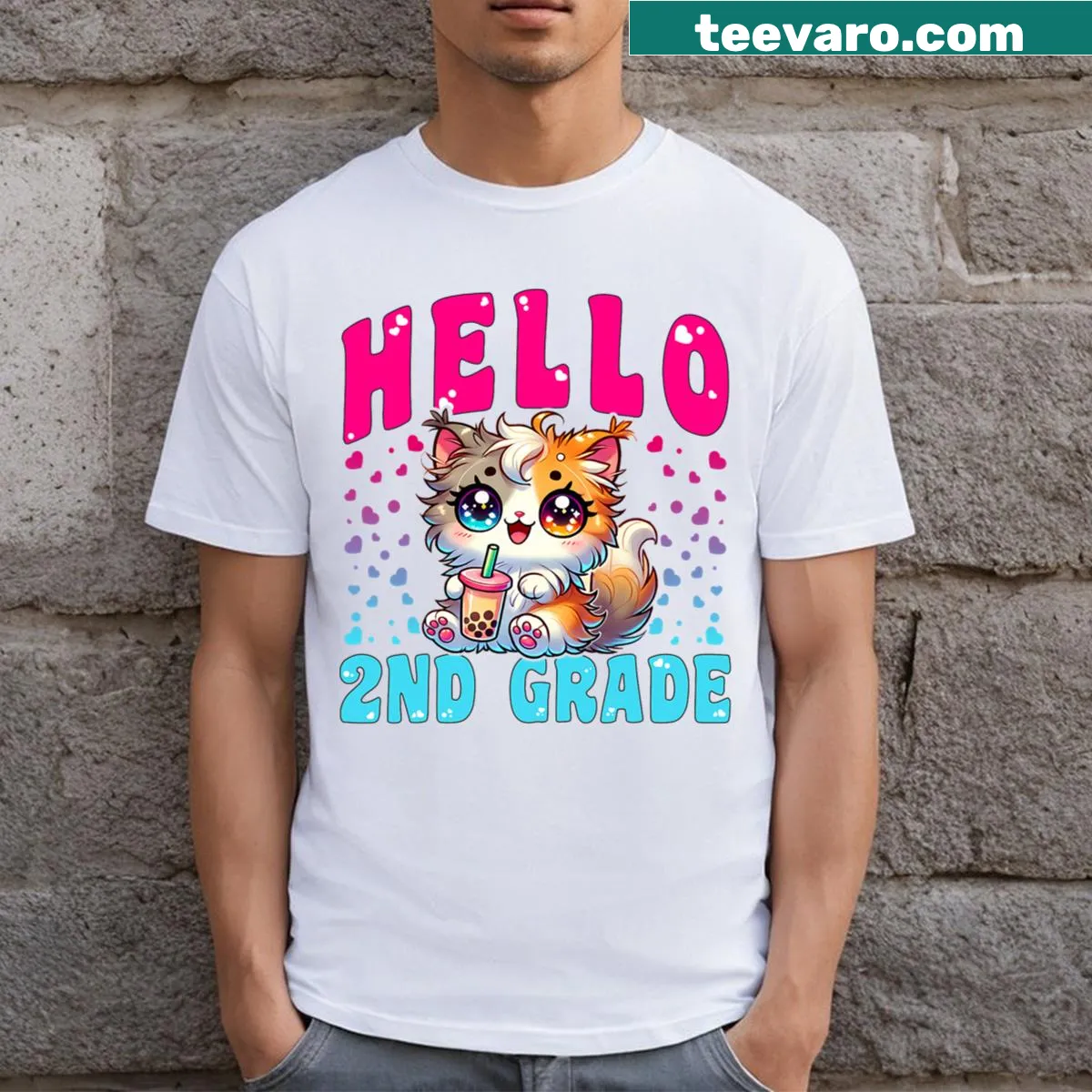 Cute T-shirt for girls with 'Hello 2nd Grade' and cat graphics — on a men's t-shirt