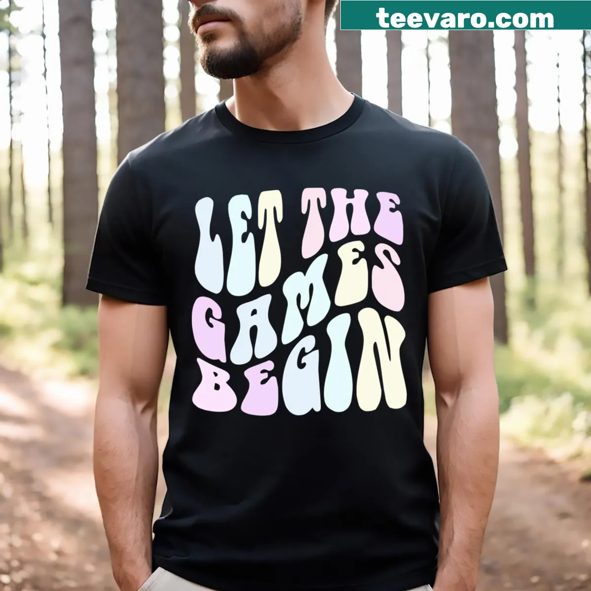 Typography T-shirt with 'Let The Games Begin' for fantasy football — on a men's t-shirt