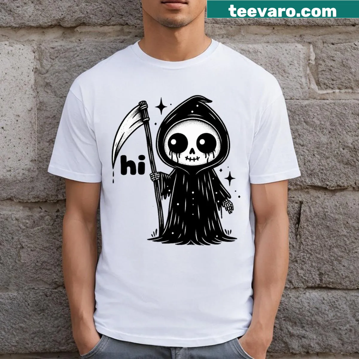 Spooky cute T-shirt featuring the Grim Reaper with a humorous twist — on a men's t-shirt