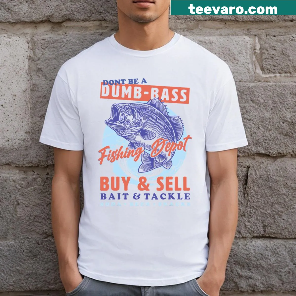 Humorous fishing t-shirt featuring Don't Be A Dumb Bass phrase. — on a men's t-shirt
