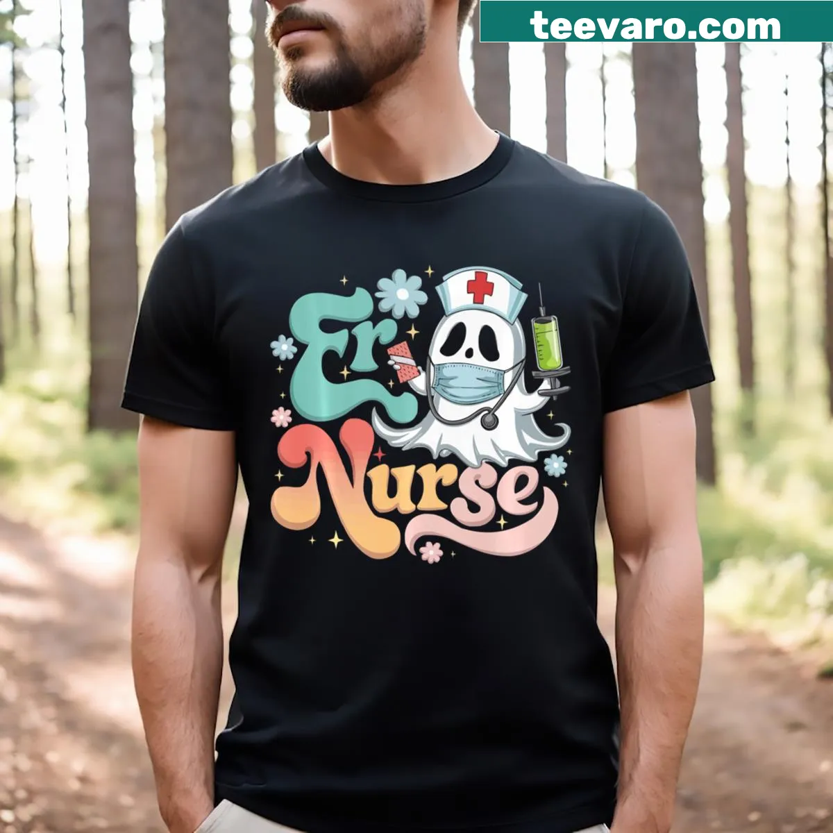 Funny ER Nurse Halloween t-shirt for nurses celebrating Halloween. — on a men's t-shirt