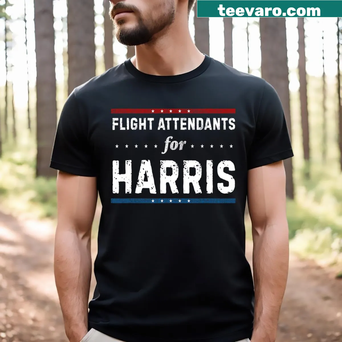 Bold t-shirt for flight attendants supporting Kamala Harris — on a men's t-shirt