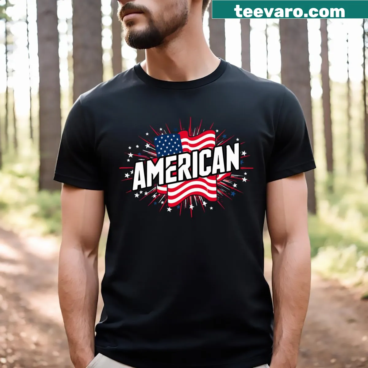 T-shirt displaying 'Free America 4th Of July Election' with American flag — on a men's t-shirt