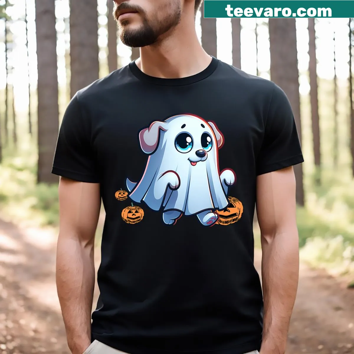 Whimsical ghost walking a dog with a pumpkin, Halloween t-shirt — on a men's t-shirt