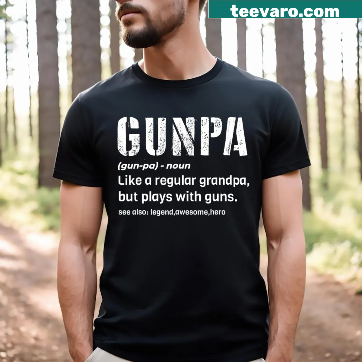 Vintage-style 'Gunpa' definition graphic on T-shirt for grandpa — on a men's t-shirt