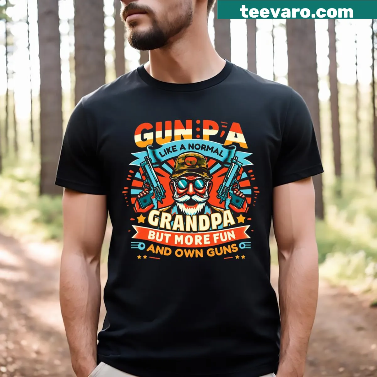 Funny grandpa t-shirt with humorous gun-related text — on a men's t-shirt