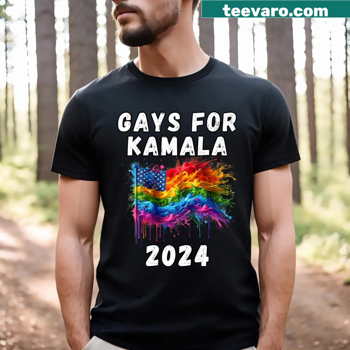 Gays for Kamala T-shirt with American flag design — on a men's t-shirt