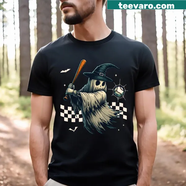 Halloween ghost baseball shirt with playful ghost swinging a bat