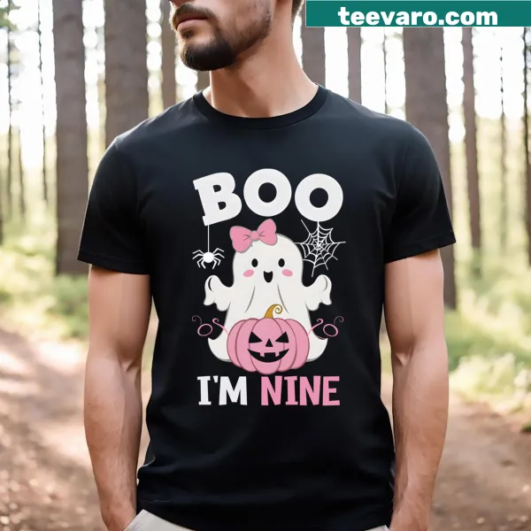 Ghost-themed 9th birthday t-shirt for girls with playful design