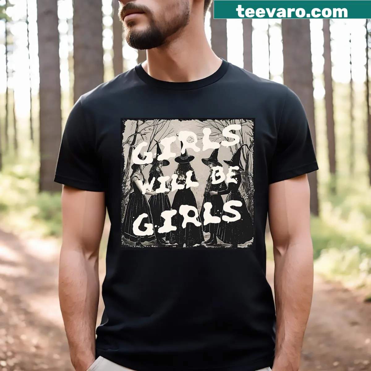 Funny witch design on a Halloween-themed T-shirt — on a men's t-shirt