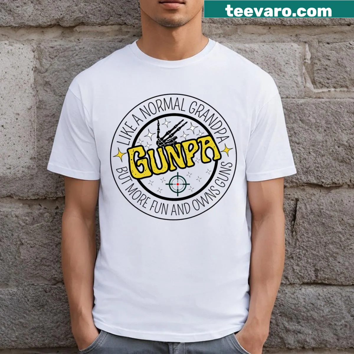 Funny Gunpa t-shirt with playful typography design about gun lovers. — on a men's t-shirt