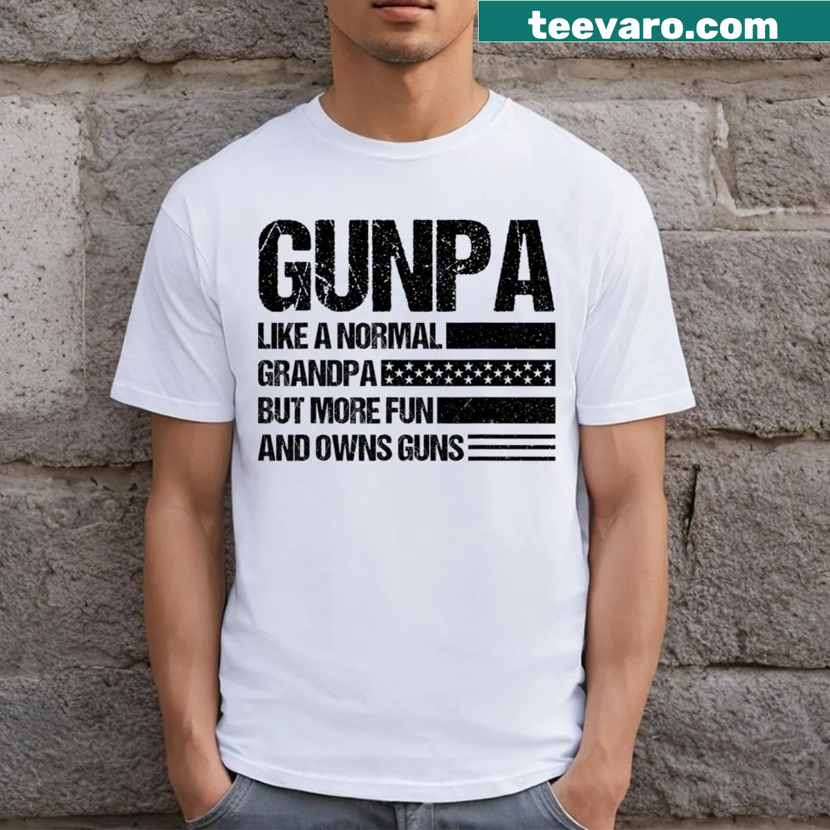 Humorous grandpa shirt featuring USA-themed text about owning guns — on a men's t-shirt