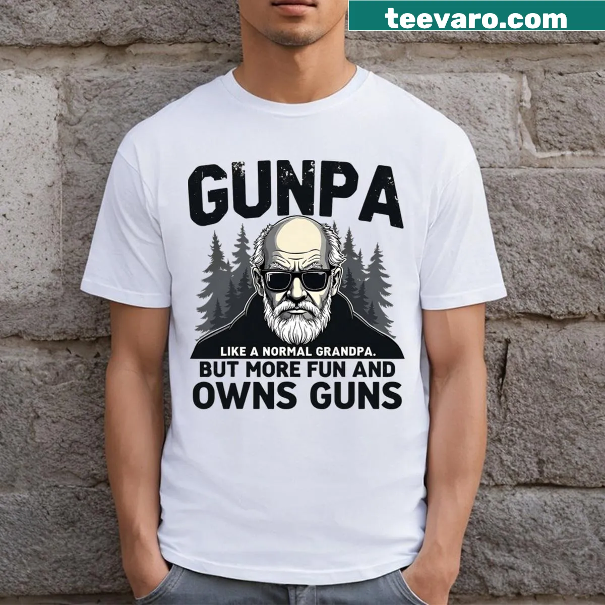Funny grandpa T-shirt displaying humorous slogan about guns — on a men's t-shirt