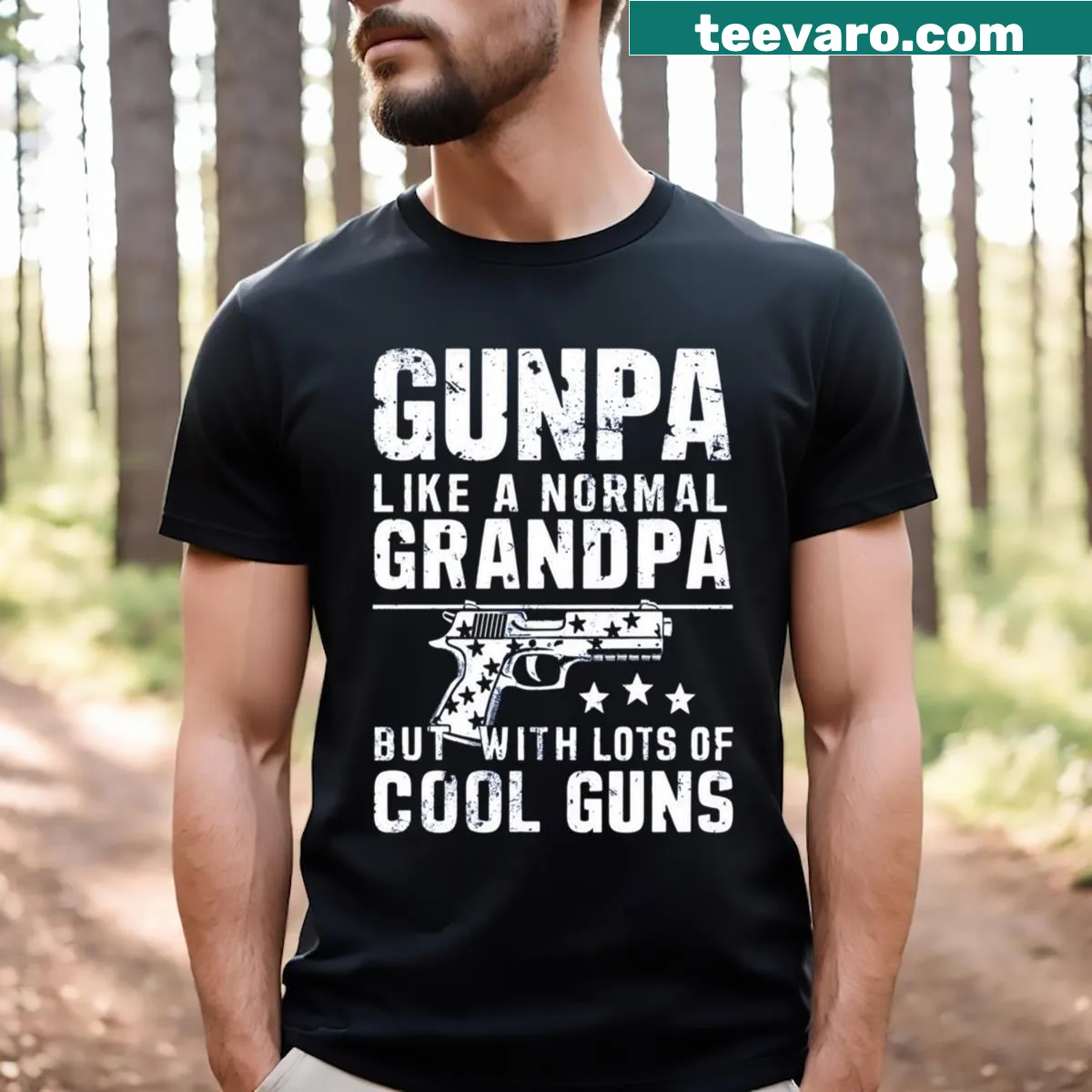 Vintage-style joke about cool grandpas with playful gun graphics — on a men's t-shirt
