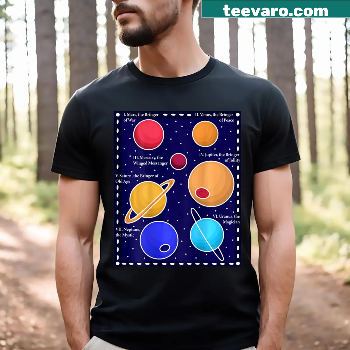 Illustrative t-shirt featuring themes from Gustav Holst's The Planets — on a men's t-shirt