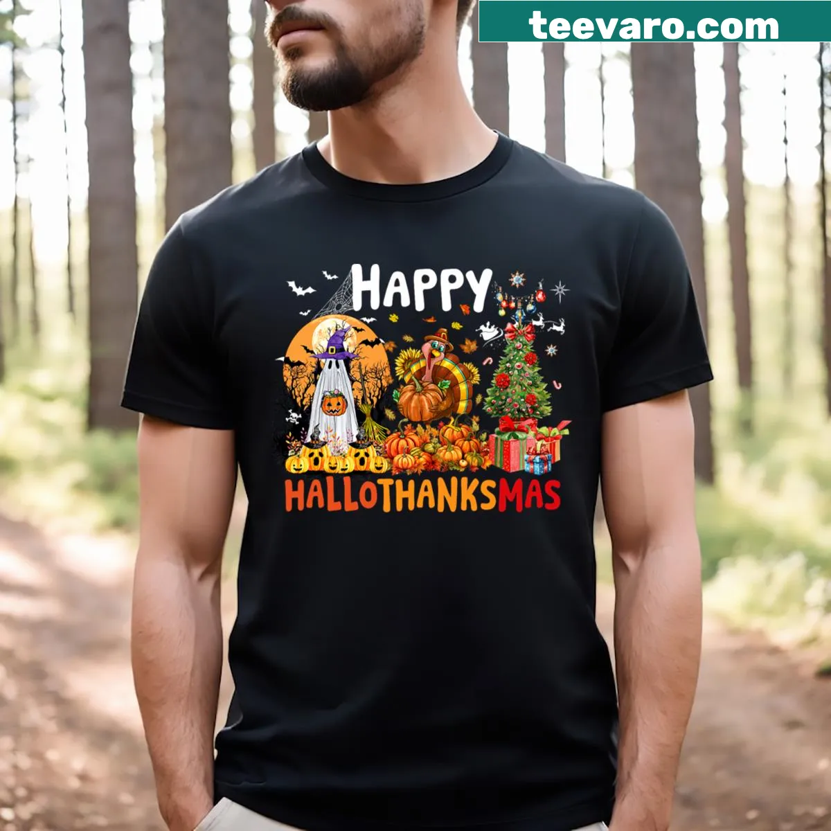 Funny t-shirt combining Halloween and Thanksgiving themes — on a men's t-shirt