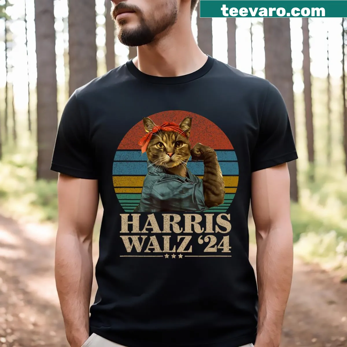 Funny t-shirt supporting Kamala Harris with a cat theme — on a men's t-shirt