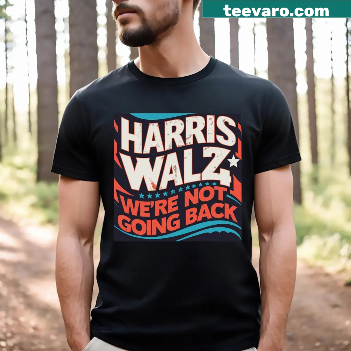 T-shirt featuring Kamala Harris and Tim Waltz for 2024 election support — on a men's t-shirt