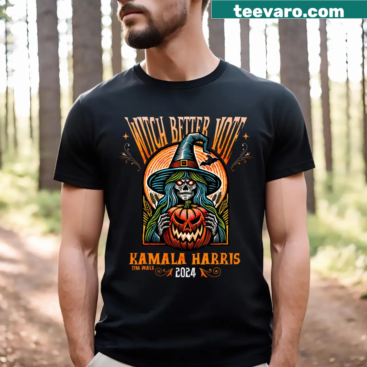Halloween Witch graphic with voting message t-shirt — on a men's t-shirt