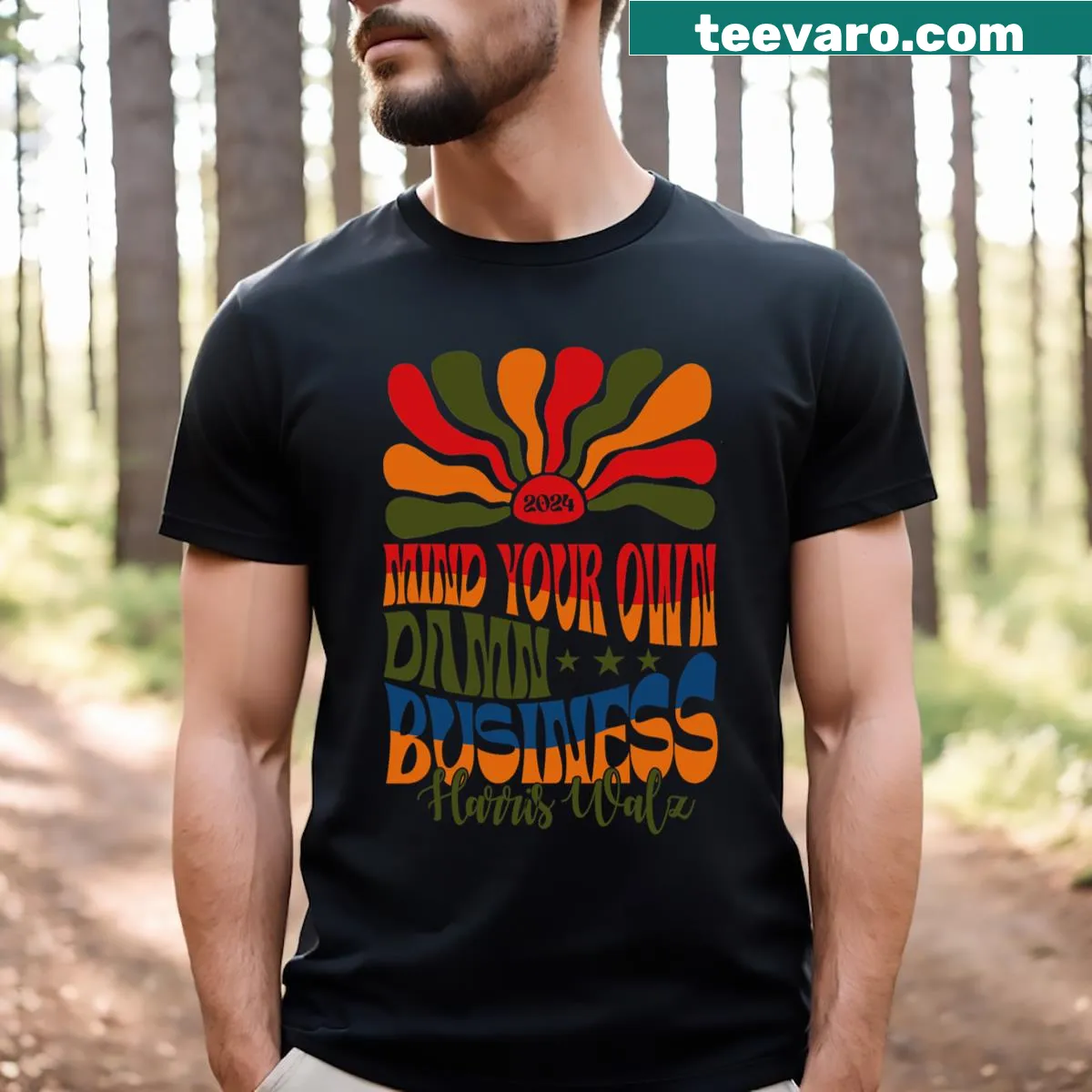 T-shirt featuring political campaign branding for the 2024 election — on a men's t-shirt