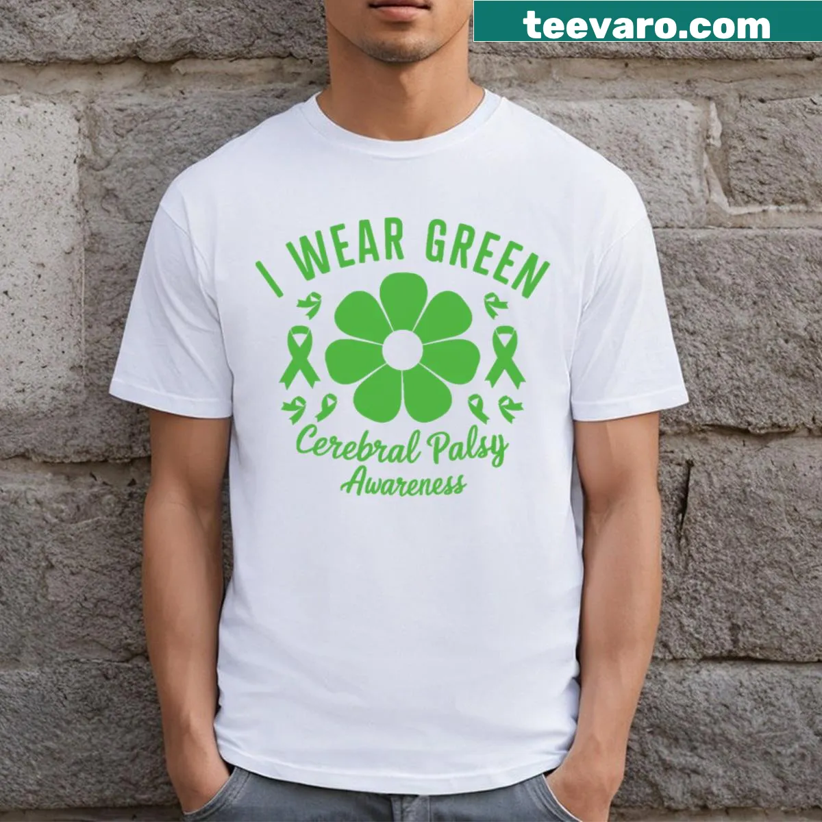 Awareness t-shirt featuring green text for cerebral palsy support — on a men's t-shirt