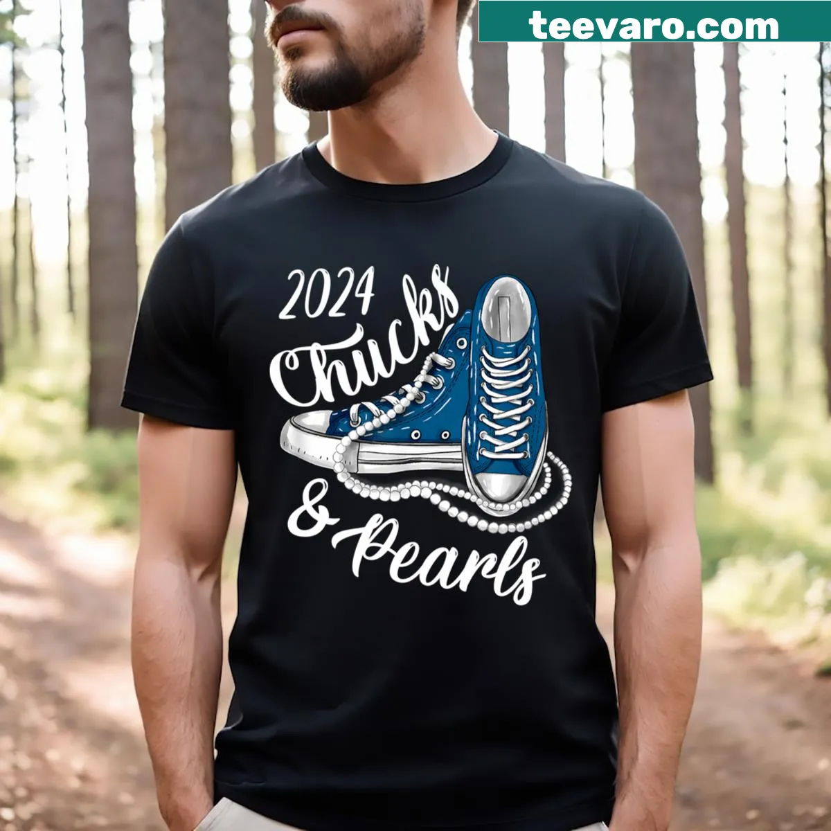 Supportive T-shirt for Kamala Harris with sneakers and pearls graphic — on a men's t-shirt