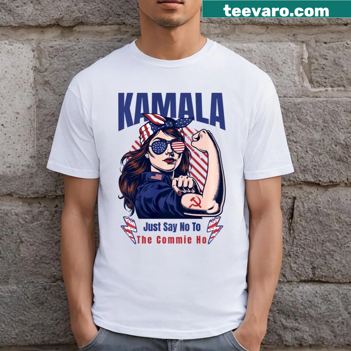 T-shirt with 'Just Say No To The Commie Ho Kamala Harris' text — on a men's t-shirt
