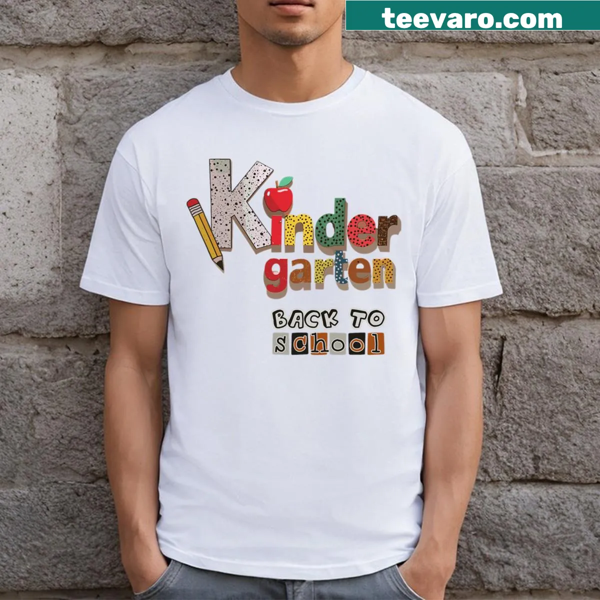 T-shirt celebrating kindergarten with the phrase 'K Is For Kindergarten' — on a men's t-shirt