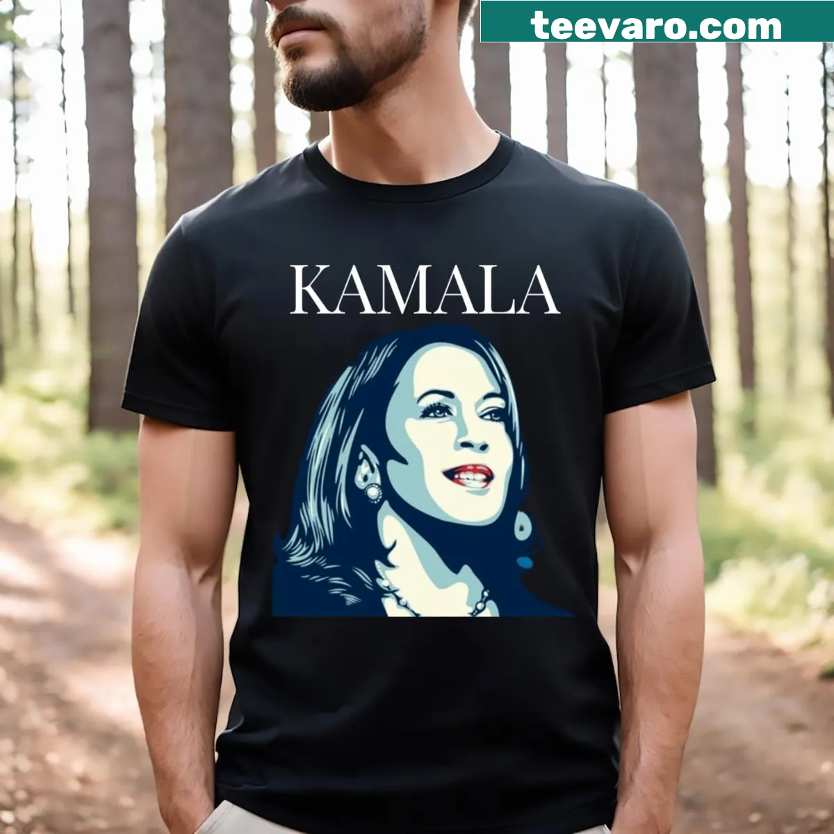 T-shirt supporting Kamala Harris for President 2024 with patriotic elements — on a men's t-shirt