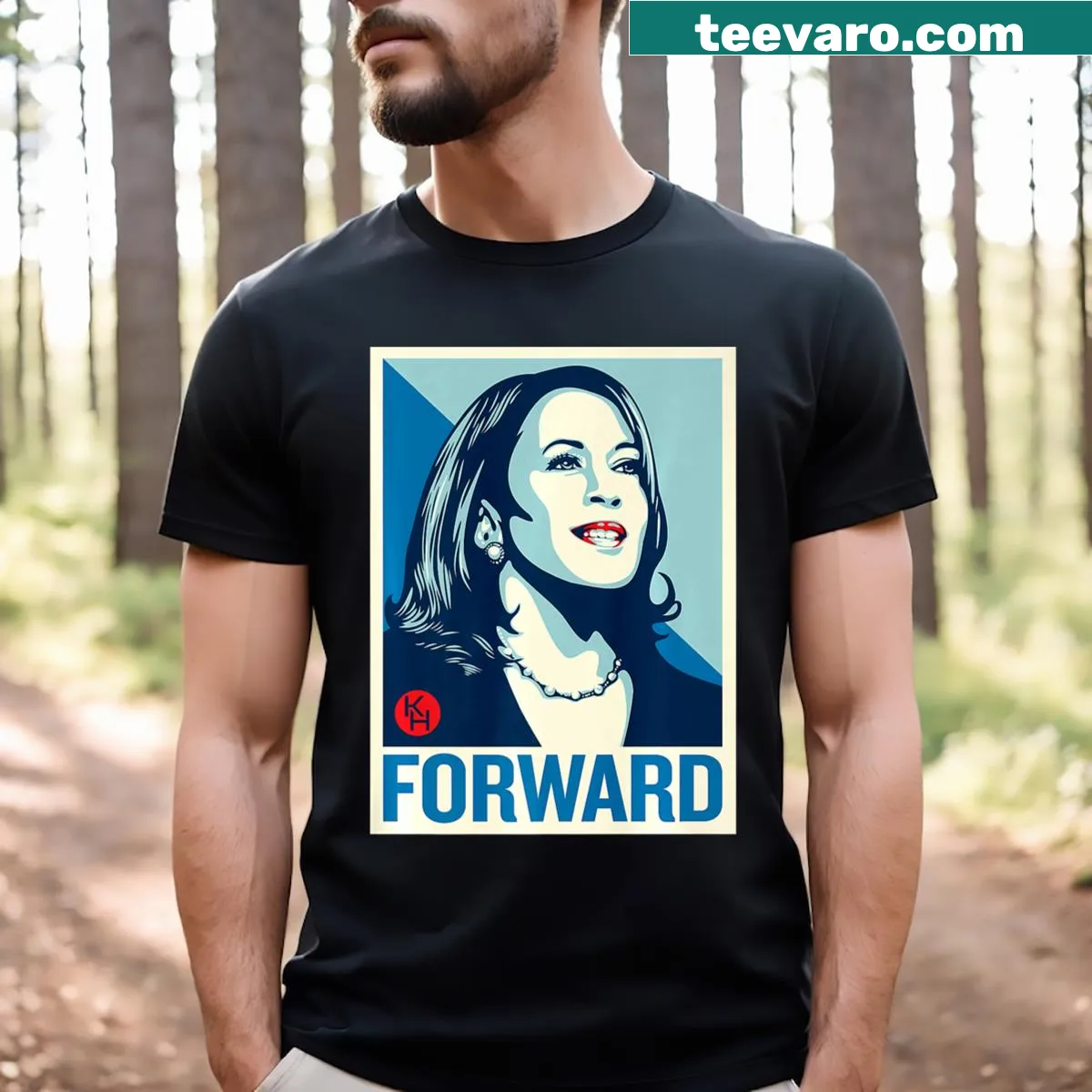 Kamala Harris Forward T-shirt with prominent typography — on a men's t-shirt