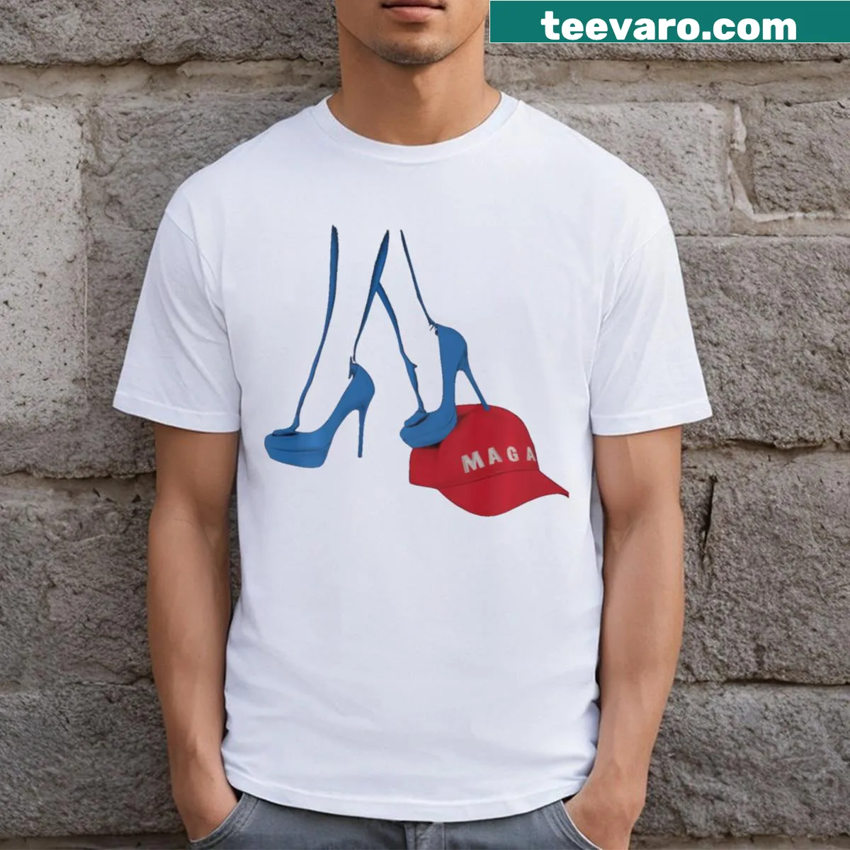 Illustration of Kamala Harris stepping on a MAGA hat — on a men's t-shirt