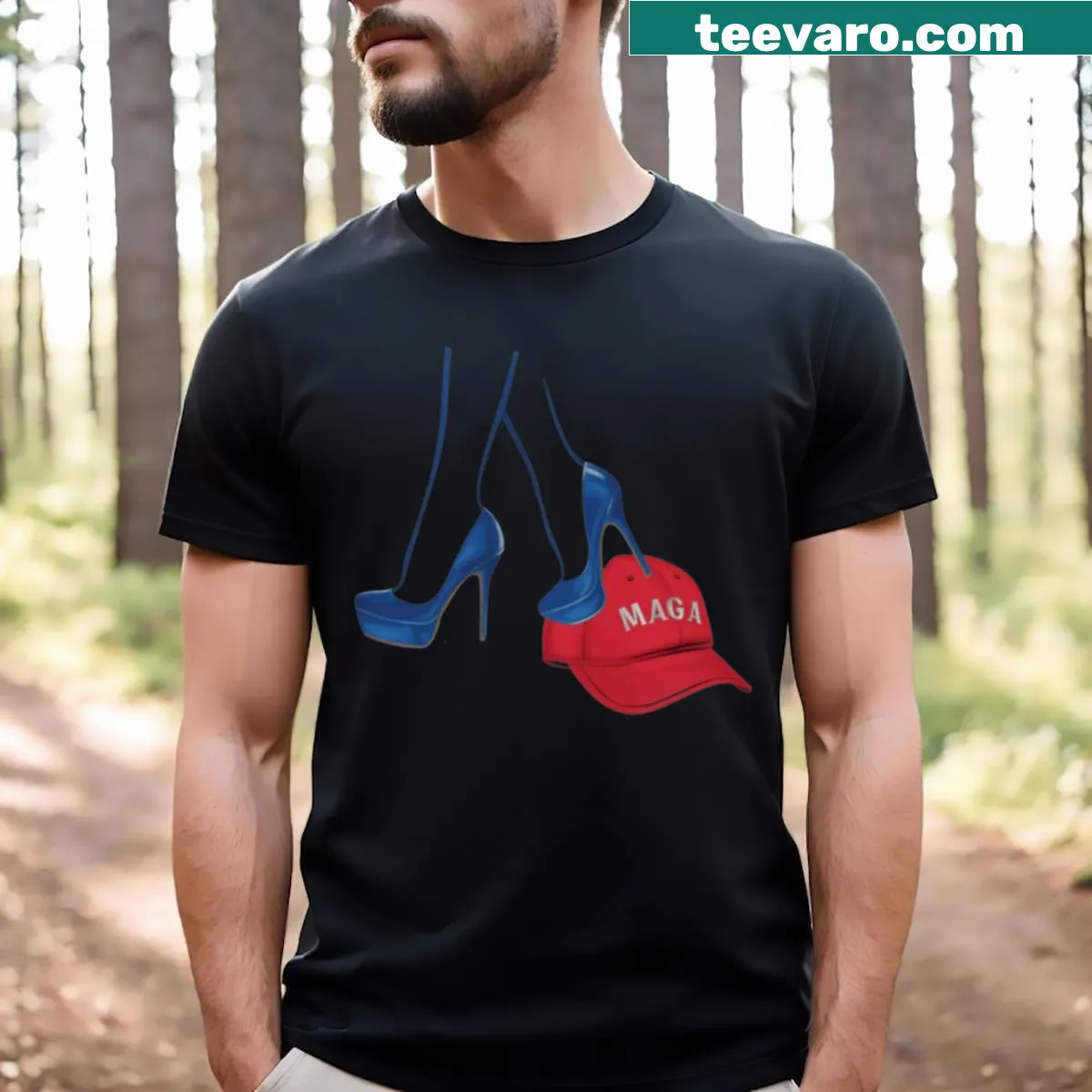 Humorous T-shirt showing a heel stepping on a red hat, supporting Kamala Harris. — on a men's t-shirt
