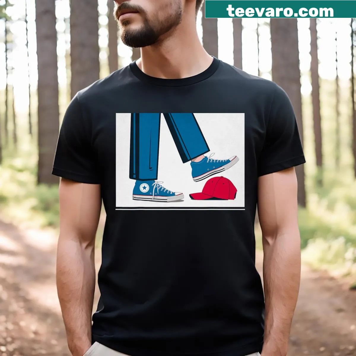Kamala Harris T-shirt with graphic of heels stepping on MAGA hat — on a men's t-shirt
