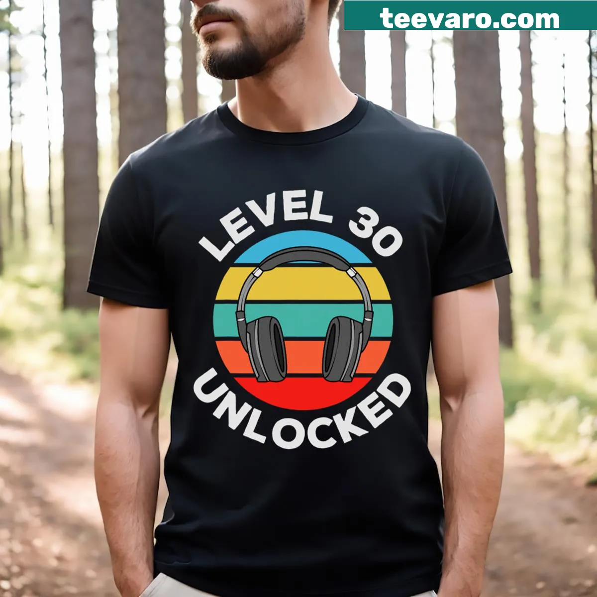 Vintage Level 30 Unlocked music DJ headphones t-shirt — on a men's t-shirt