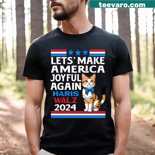 Joyful America cat graphic T-shirt for Kamala Harris 2024